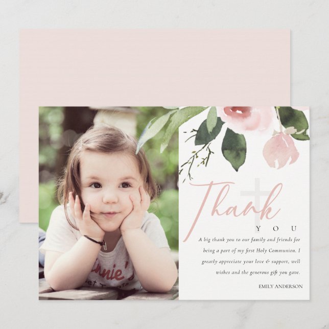 BLUSH ROSE ERSTE HOLY COMMUNION DANKE IHNEN FOTO EINLADUNG (Vorne/Hinten)