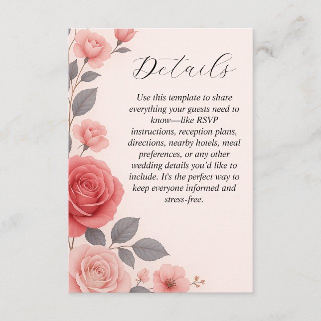 Blush Rose Floral Détails Mariage Détails Carte de (Devant)
