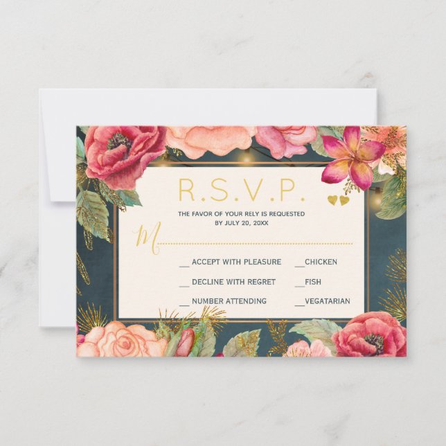 Blush rose floral or marine élégant mariage rsvp (Devant)