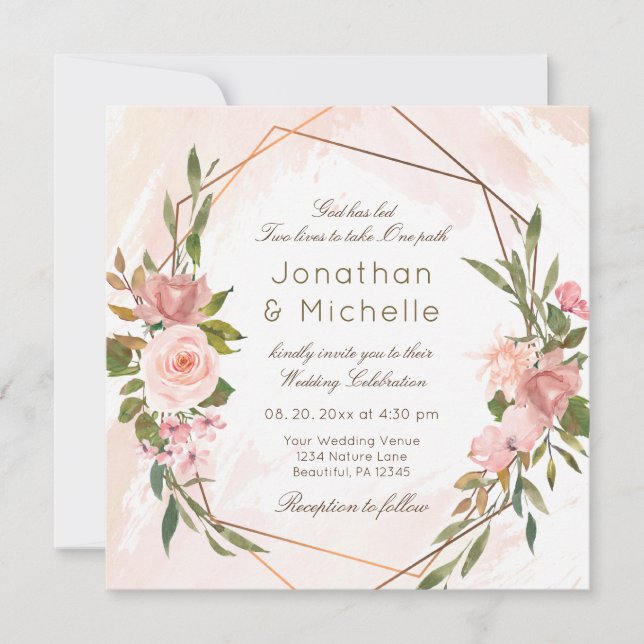 Blush Rose Geometrischer Rahmen Christliche Hochze Einladung (Vorderseite)
