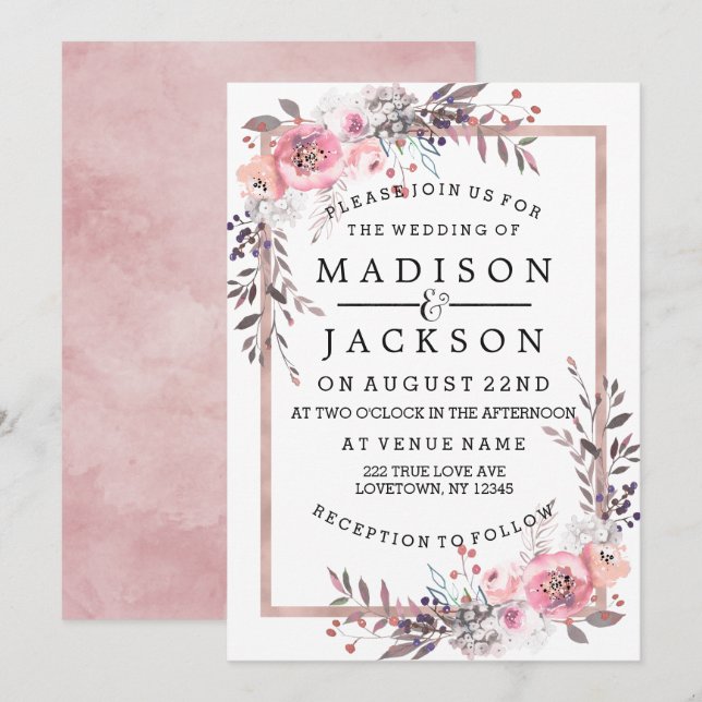 Blush & Rose Gerahmte Hochzeitseinladungen Einladung (Vorne/Hinten)