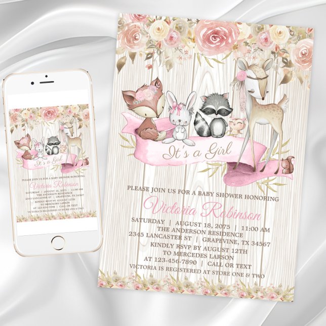 Blush Rose Girl Forest Woodland Animal Baby Dusche Einladung (Cute woodland animal baby shower invitation. Instant download and printed invitations available.)