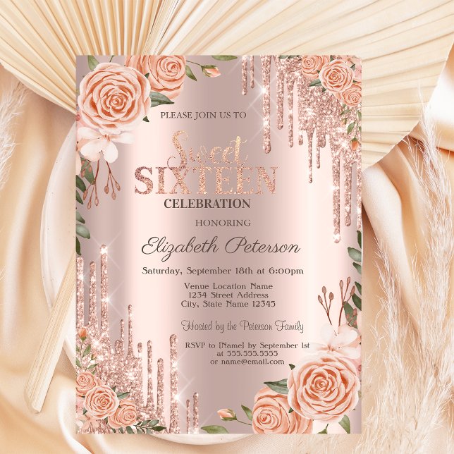 Blush Rose Glitzer Tropfen Rose Gold Sweet 16 Einladung (Von Creator hochgeladen)