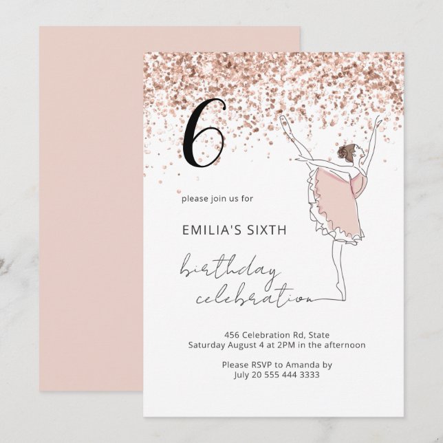 Blush Rose Gold Ballerina Ballerina Tanz Geburtsta Einladung (Vorne/Hinten)