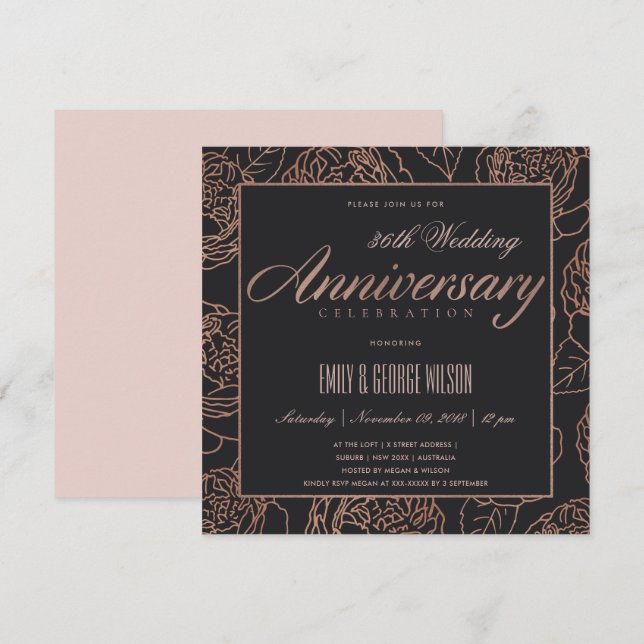 BLUSH ROSE GOLD BLLORALSCHWARZ JEDES JAHR EINLADUNG (Vorne/Hinten)