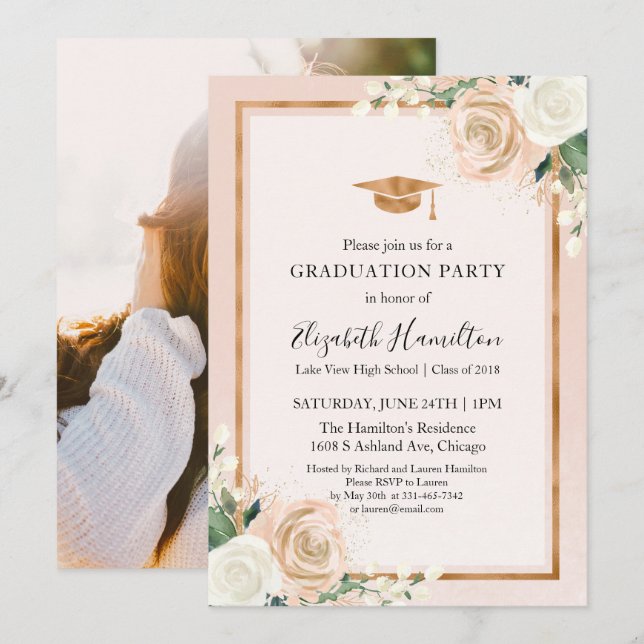 Blush & Rose Gold Bloral Graduation Party Foto Einladung (Vorne/Hinten)