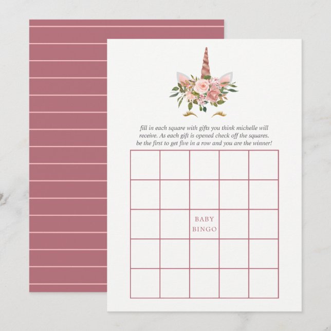 Blush & Rose Gold Blumenkohl Kinderdusche Bingo Einladung (Vorne/Hinten)