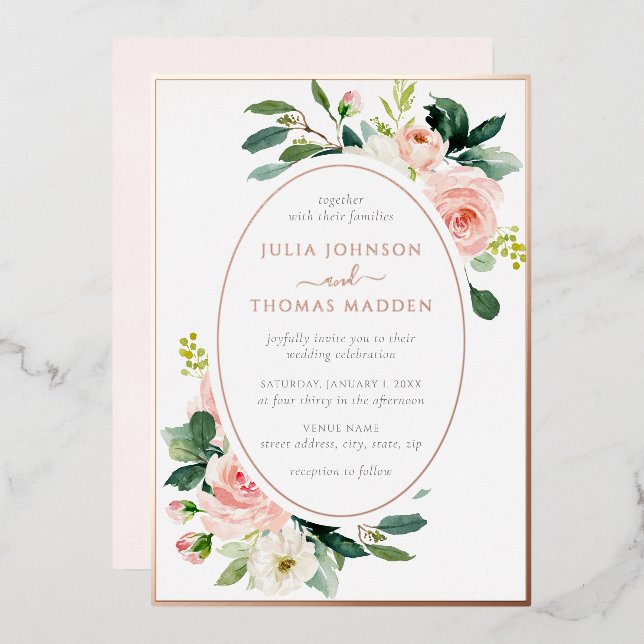 Blush Rose Gold Blumenrahmen Hochzeit Folieneinladung (Vorderseite/Rückseite)