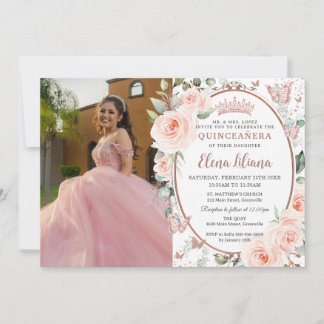 Blush Rose Gold Butterfliegen Quinceañera Einladung