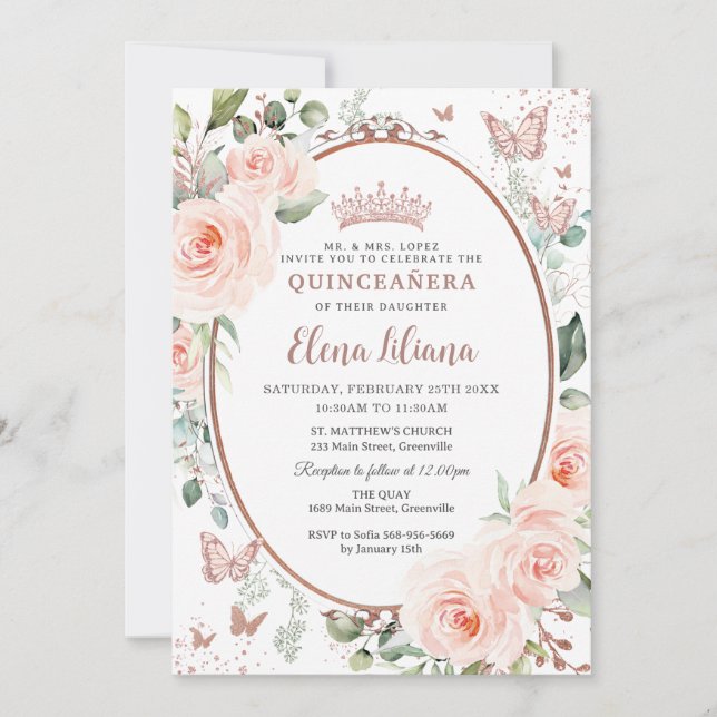 Blush Rose Gold Butterfliegen Quinceañera Einladung (Vorderseite)