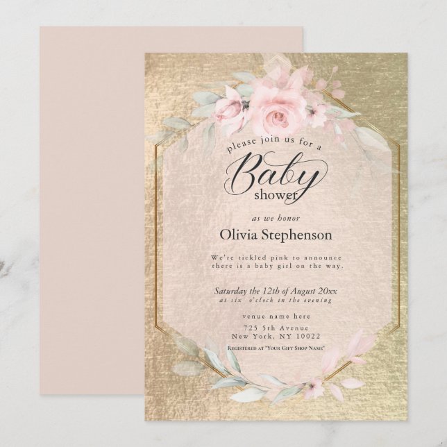 Blush Rose Gold Floral Baby Dusche Einladung (Vorne/Hinten)