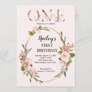 Blush & Rose Gold Floral Erster Geburtstag Einladung