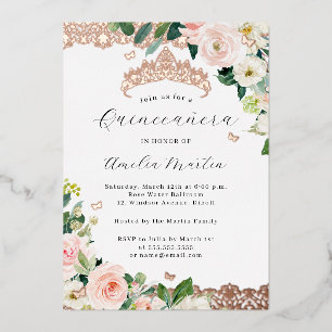 Blush Rose Gold Floral Lace Quinceanera Folieneinladung