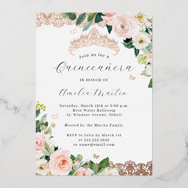 Blush Rose Gold Floral Lace Quinceanera Folieneinladung (Vorderseite)