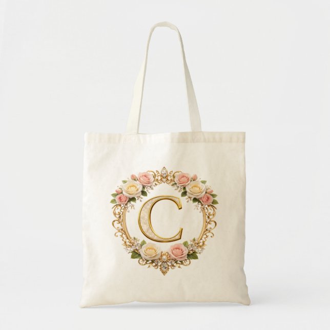 Blush Rose Gold Floral Monogram Letter C Wedding Tragetasche (Vorne)