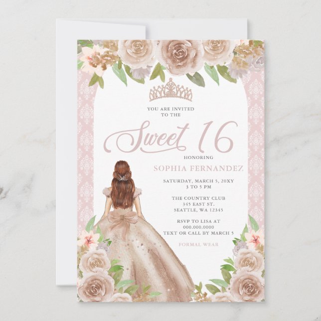 Blush Rose Gold Floral Prinzessin Tiara Sweet 16 Einladung (Vorderseite)