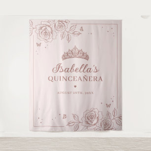 Blush Rose Gold Florale Quinceañera Wandteppich
