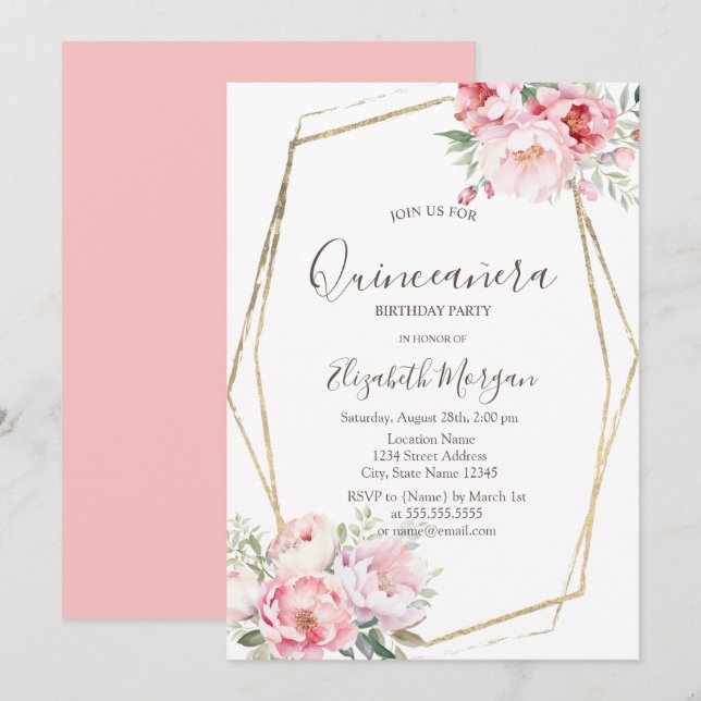 Blush Rose Gold Frame Quinceñera Einladung (Vorne/Hinten)