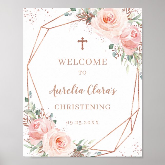 Blush Rose Gold Geometric Christening Sign Poster (Vorne)
