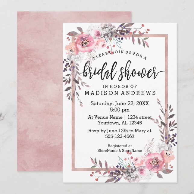 Blush & Rose Gold Gerahmt Bridal Dusche Einladung (Vorne/Hinten)