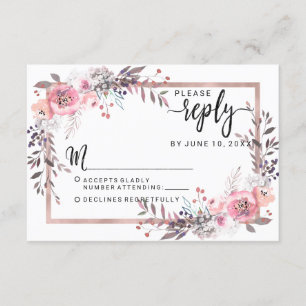 Blush & Rose Gold Gerahmte blumengeschmückte Hochz RSVP Karte