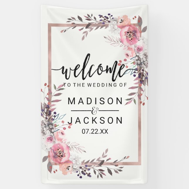 Blush & Rose Gold Gerahmte Blumenhochzeit Willkomm Banner (Vertikal)
