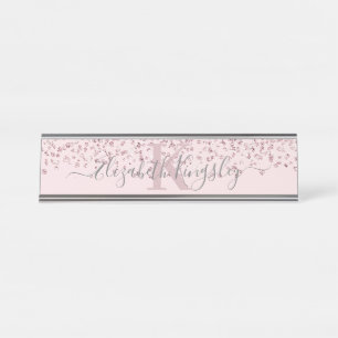 Blush Rose Gold Glitzer Diamond Monogram Schreibtischnamensplakette