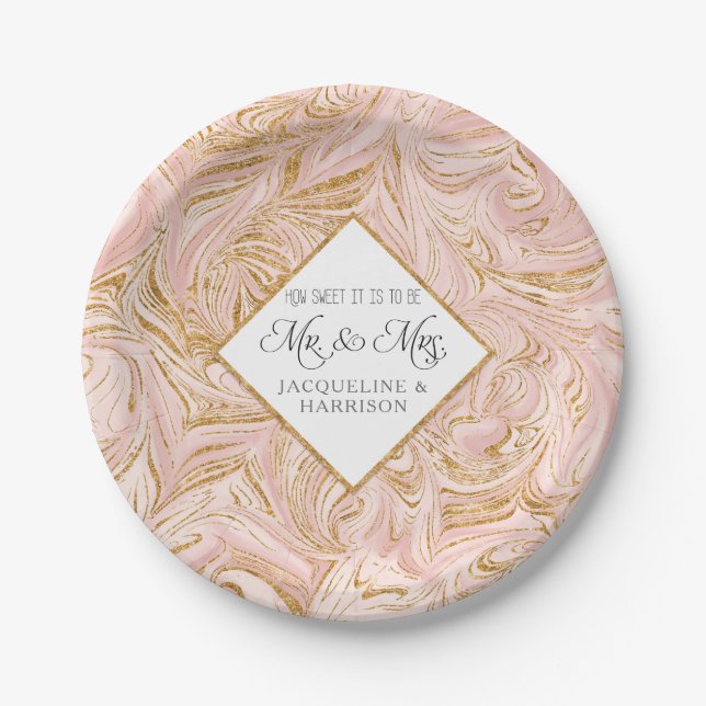 Blush Rose Gold Glitzer Marmor Hochzeitsempfang Pappteller (Vorderseite)