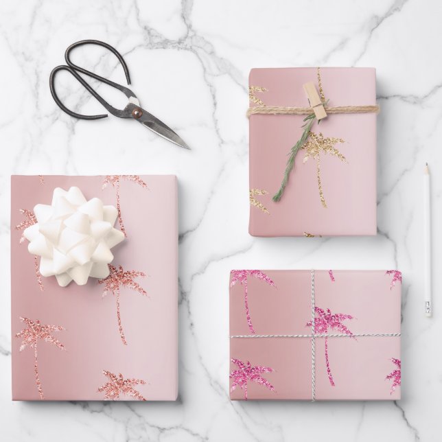 Blush Rose Gold Glitzer Palmen Geschenkpapier Set (Vorderseite)