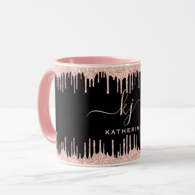 Blush Rose Gold Glitzer Tropfen 2 Monogramm Script Tasse (Vorderseite Links)