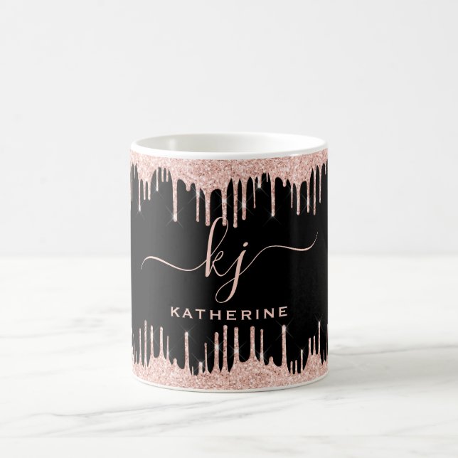 Blush Rose Gold Glitzer Tropfen 2 Monogramm-Skript Kaffeetasse (Mittel)