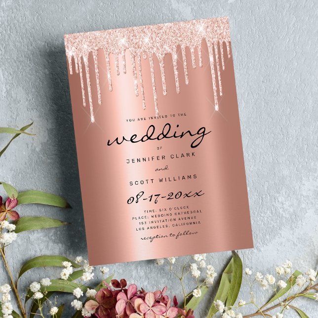 Blush Rose Gold Glitzer Tropfen Drehbuch glam Hoch Einladung (Blush rose gold glitter drips script glam wedding)