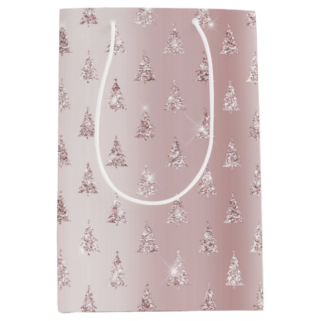 Blush Rose Gold Glitzer Weihnachtsbäume Mittlere Geschenktüte (Vorderseite)