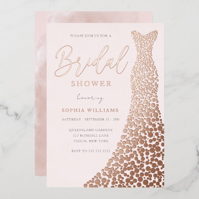 Blush & Rose Gold Gown Bridal Shower Folieneinladung (Vorderseite/Rückseite)