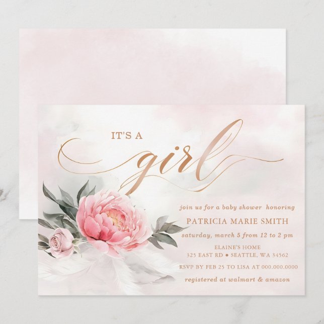 Blush Rose Gold Ihre Girl Floral Baby Dusche Einladung (Vorne/Hinten)