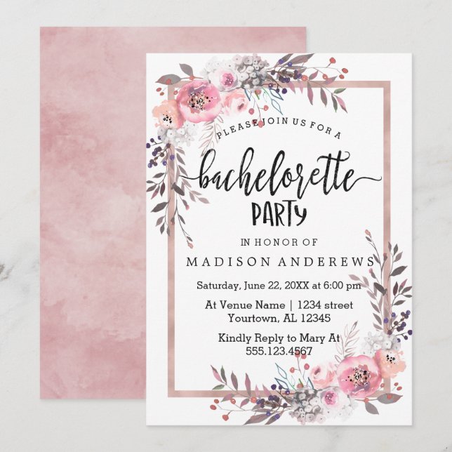 Blush & Rose Gold Junggeselinnen-Abschied Einladun Einladung (Vorne/Hinten)