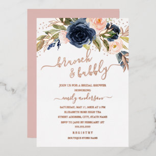 Blush Rose Gold Navy Brunch und Bubbly Bridal Folieneinladung