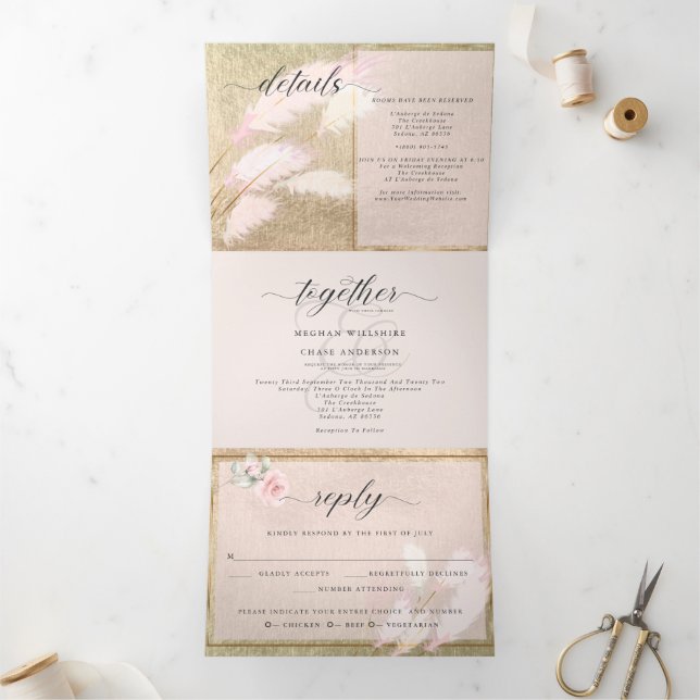 Blush Rose Gold Pampas Gras Dreifach Gefaltete Einladung (Innenseite)