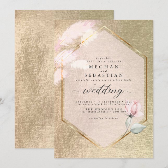 Blush Rose Gold Pampas Grass Floral Einladung (Vorne/Hinten)