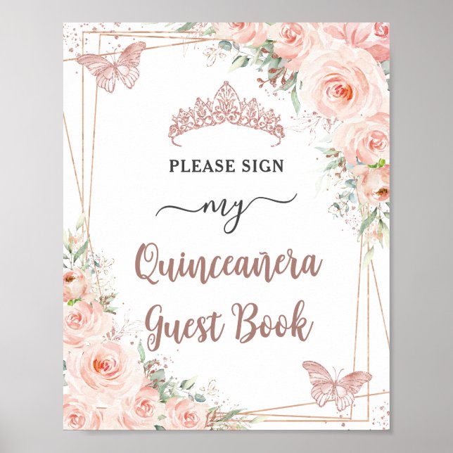 Blush Rose Gold Quinceanera Gästebuchsignatur Poster (Vorne)