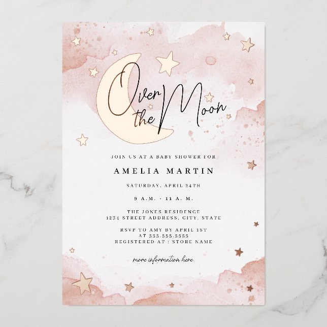 Blush Rose Gold über der Mond Babydusche Folieneinladung (Vorderseite)