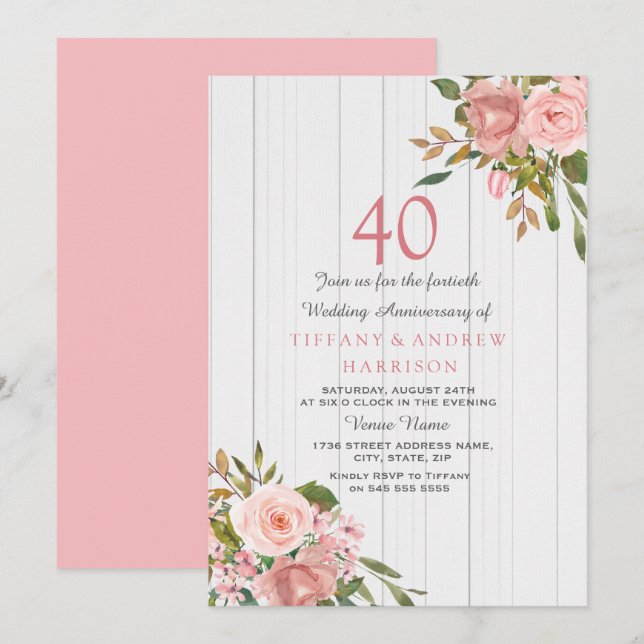 Blush Rose Gold Weiß 40. Hochzeitstag Einladung (Vorne/Hinten)