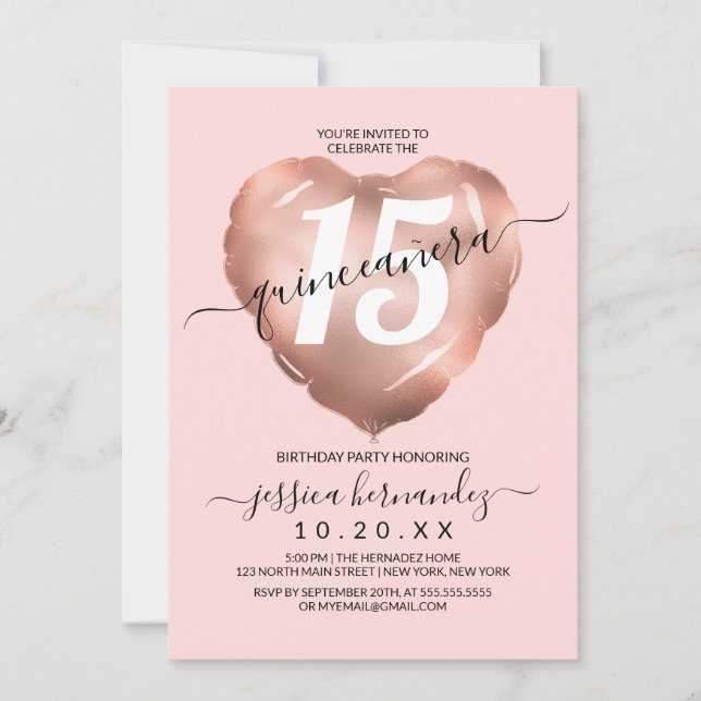 Blush Rose Goldene Fohle Ballon Quinceañera Einladung (Vorderseite)