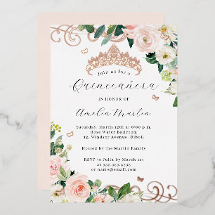 Blush Rose Goldener Blumenwirbel Quinceanera Folieneinladung