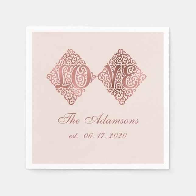 Blush Rose Goldgravur LIEBE Kalligrafie Hochzeit Serviette (Vorderseite)