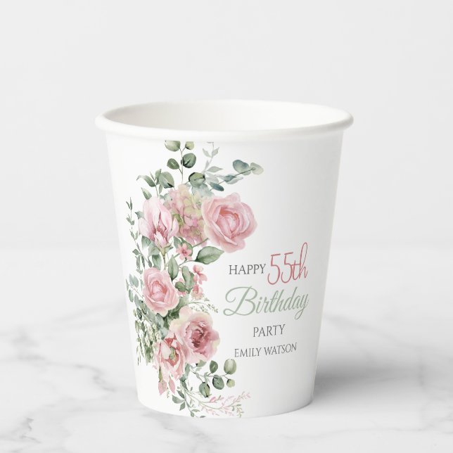 Blush Rose Greenery Eucalypt 55th Birthday Pappbecher (Vorderseite)