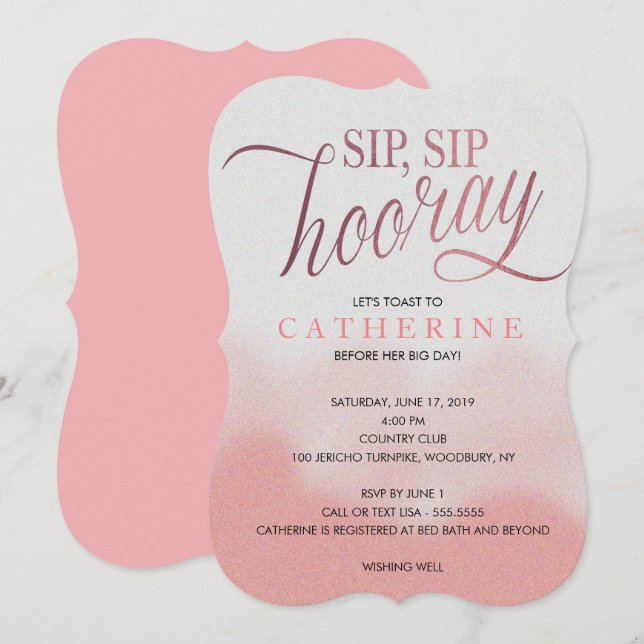 Blush & Rose Imitats Fossil, Sip Hooray Brautparty Einladung (Vorne/Hinten)