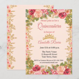 Blush Rose mit Gold-Blätter Quinceñera Einladung