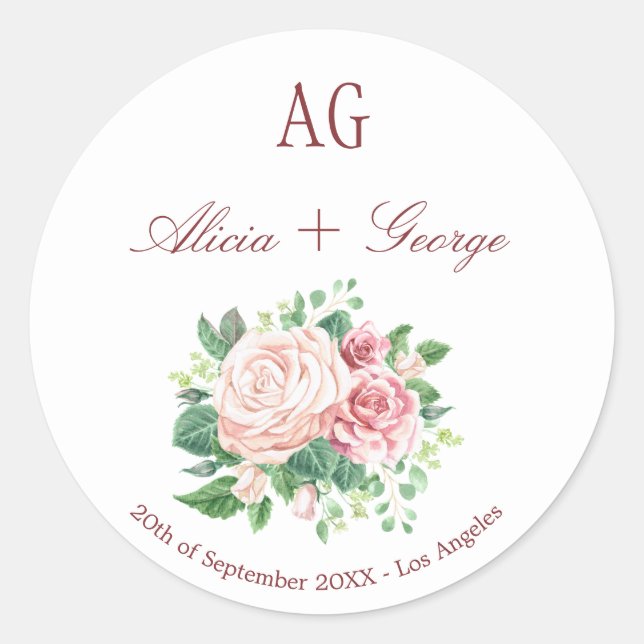 Blush-Rose Mit Monogramm Hochzeitstich-Siegel-Umsc Runder Aufkleber (Vorderseite)