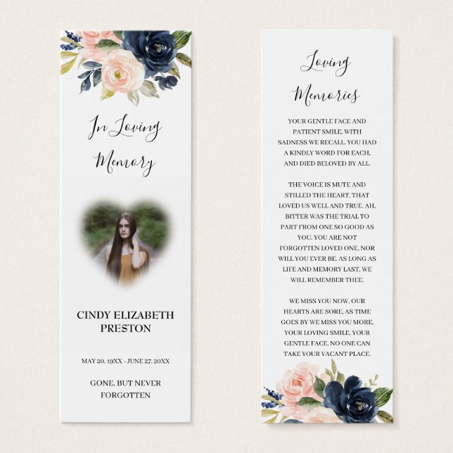 Blush Rose Navy Floral Photo Funéraire Poème Signe (Devant & derrière)